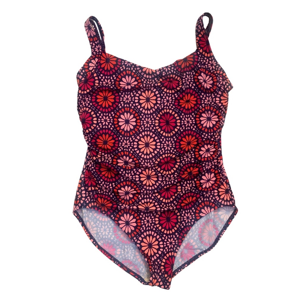 Talbots Blue Orange Pink Floral Print One Piece Swimsuit Size 16 Bathing Suit